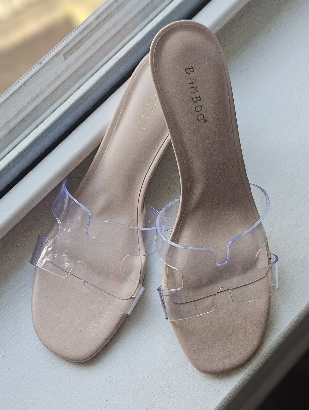 BAMBOO Clear Strap Slide Heels in Taupe